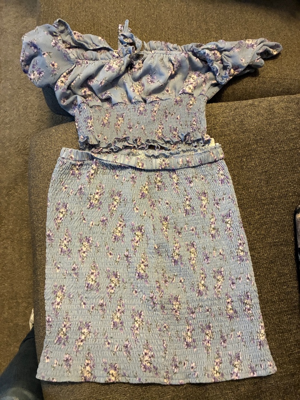 Women  Blue Floral Smocked Two-Piece Dress Set